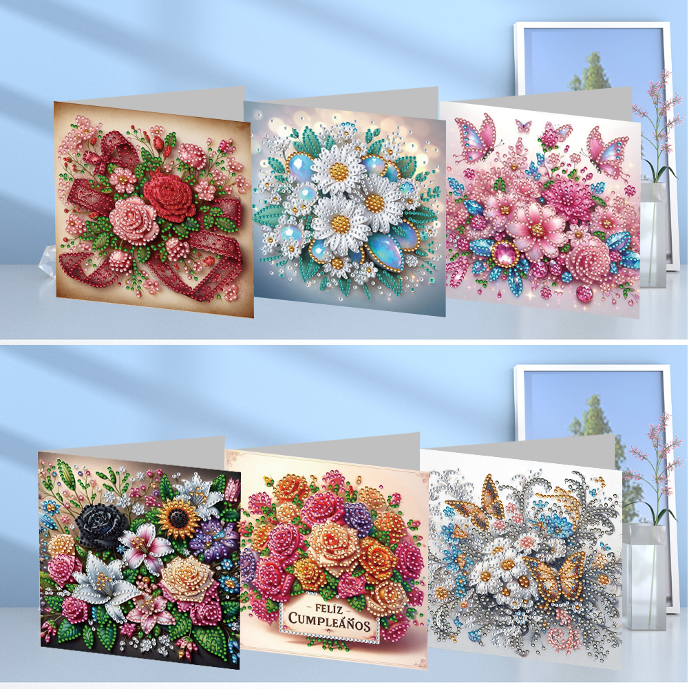 6Pcs DIY Diamond Painting Greeting Card - Flowers
