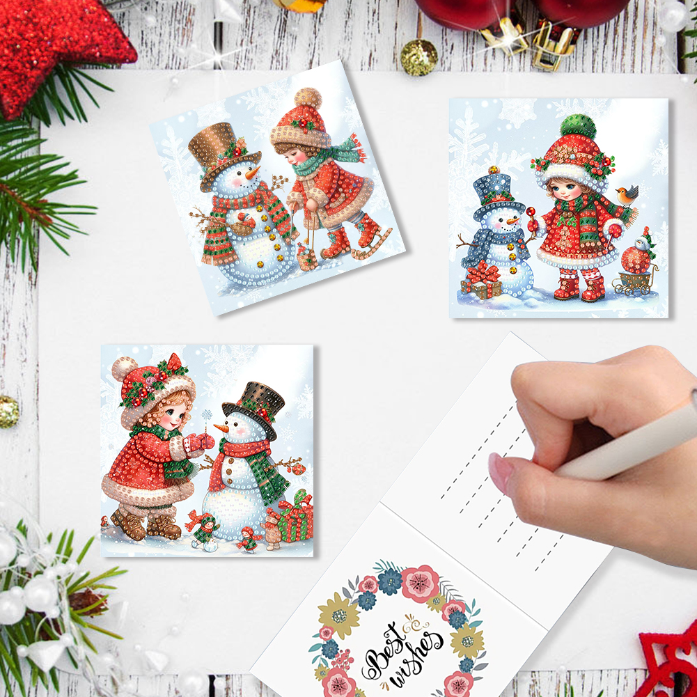 6Pcs DIY Diamond Painting Greeting Card - Snowman and Girl