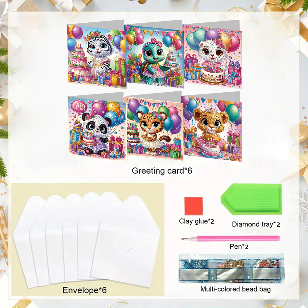 6Pcs DIY Diamond Painting Greeting Card - Animal Birthday