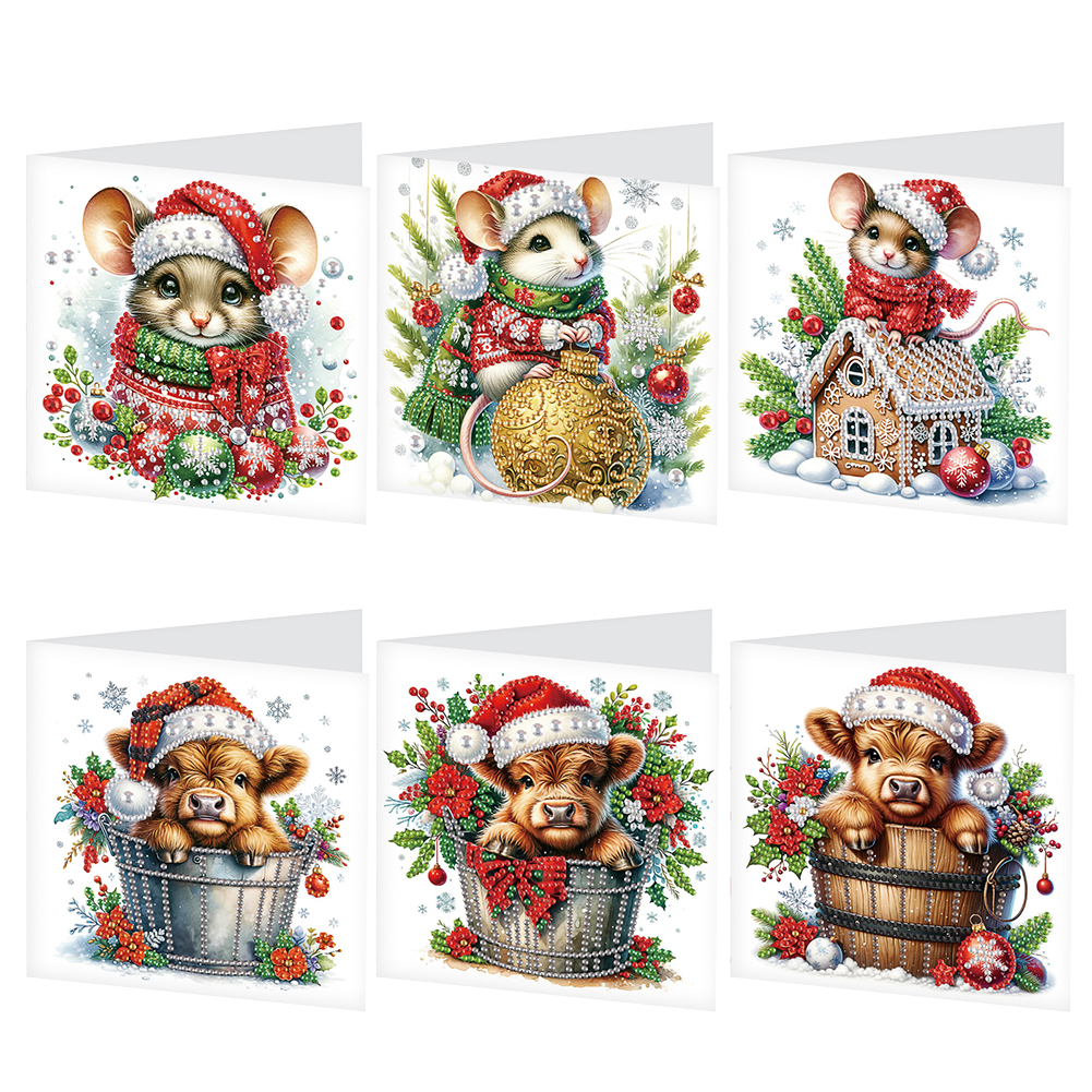 6Pcs DIY Diamond Painting Greeting Card - Xmas Mouse Yak