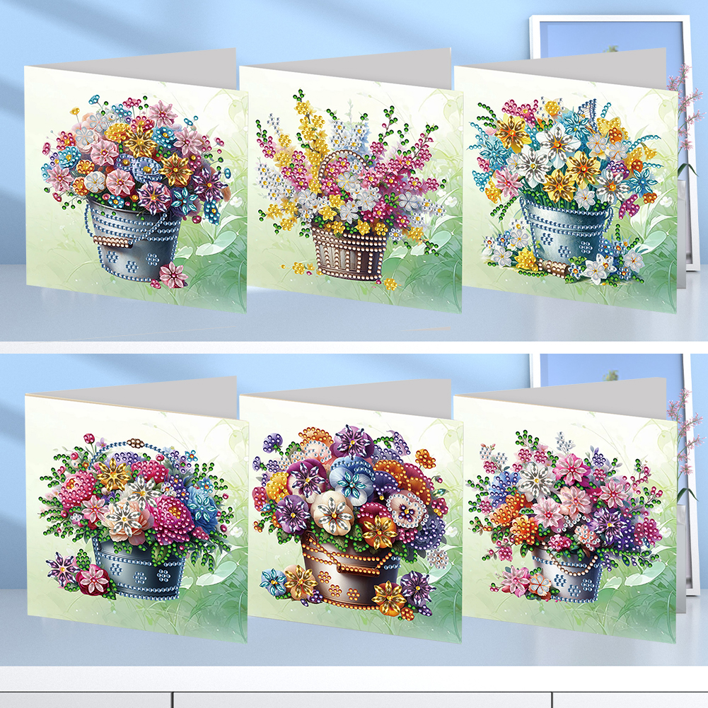 6Pcs DIY Diamond Painting Greeting Card - Flower Bucket