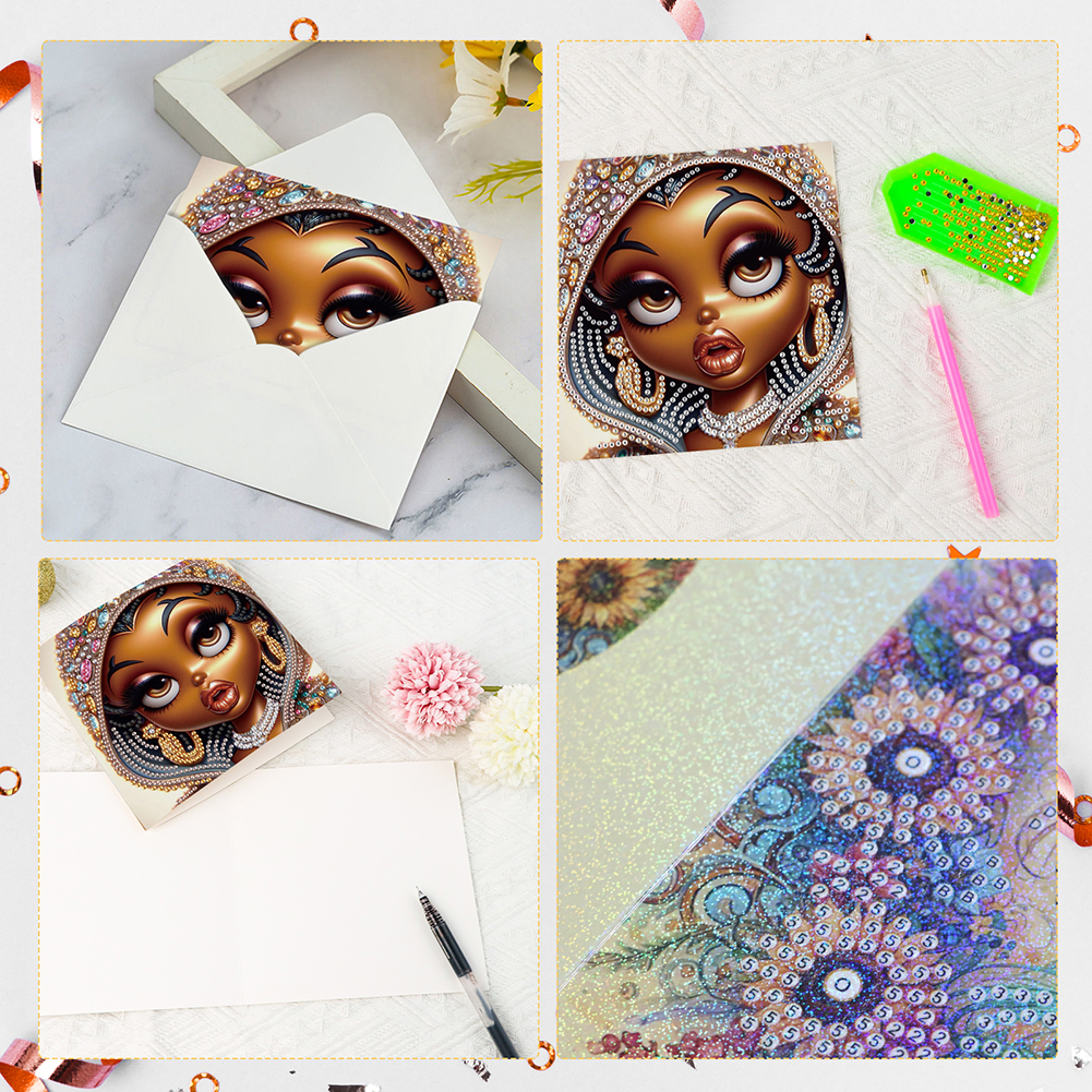 6Pcs DIY Diamond Painting Birthday Greeting Card - Black Girl for Adults