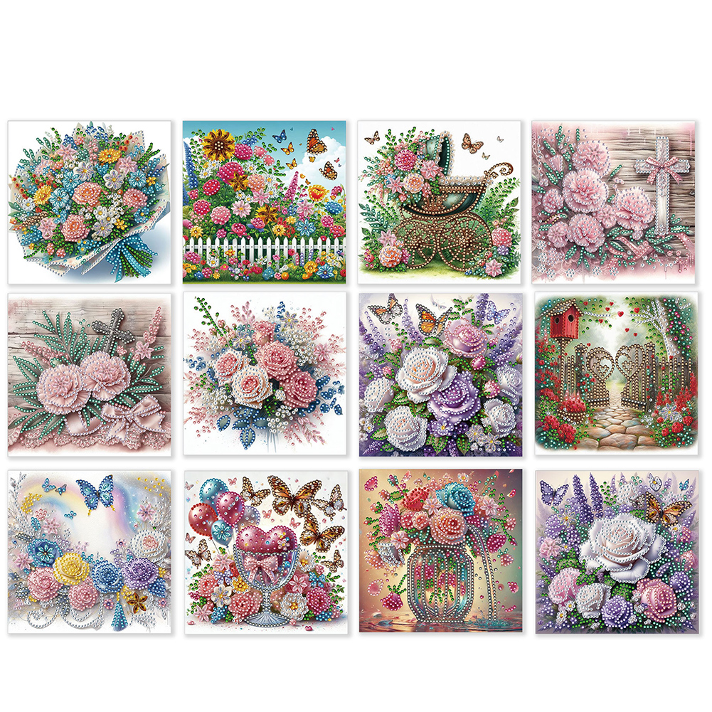 12Pcs DIY Diamond Painting Single-sided Greeting Card - Garden