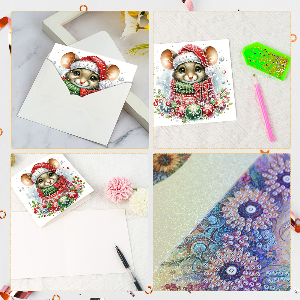 6Pcs DIY Diamond Painting Greeting Card - Xmas Mouse Yak
