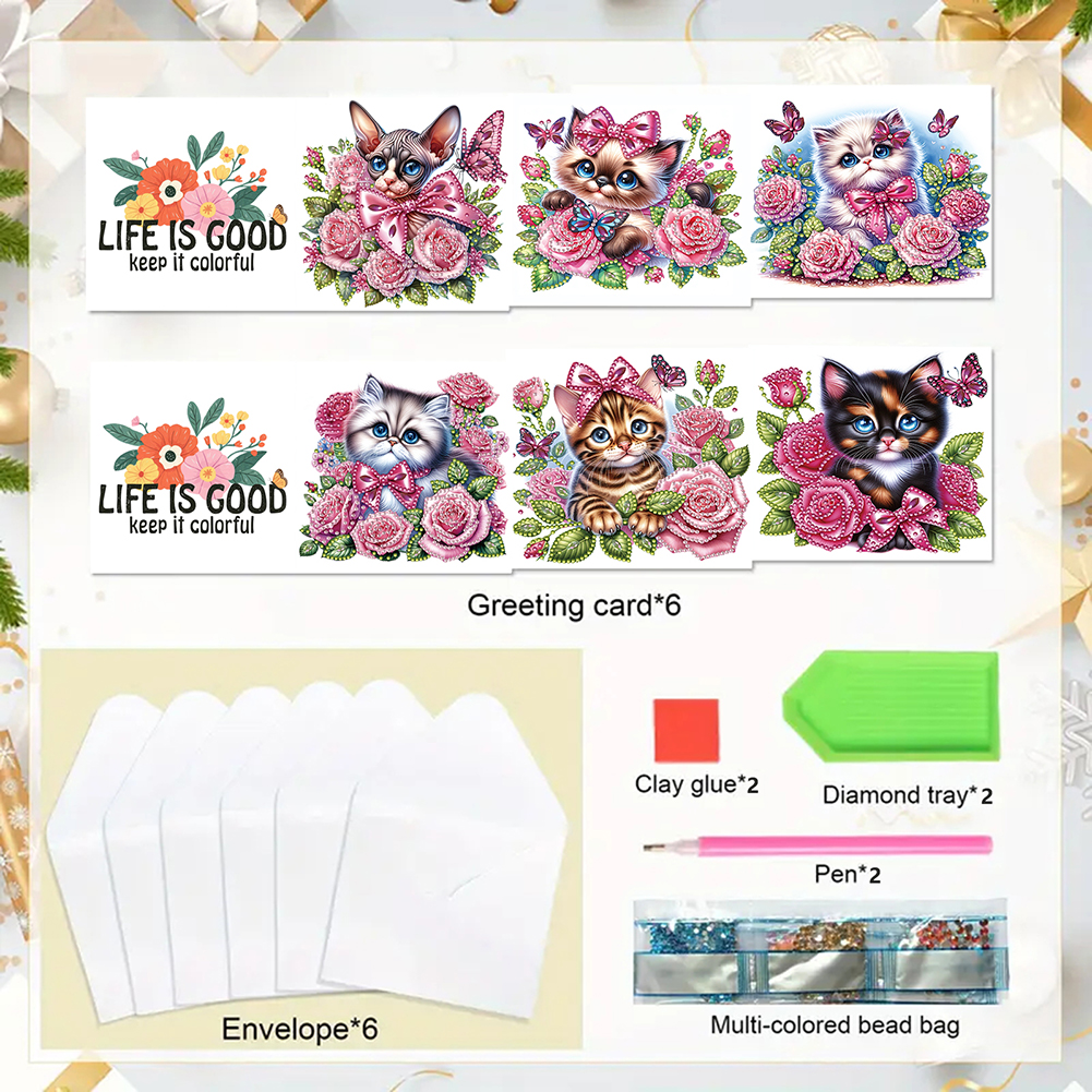 6Pcs DIY Diamond Painting Greeting Card - Cat