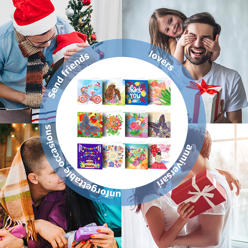 12pcs DIY Diamond Painting Birthday Greeting Cards Mosaic Birthday Postcard