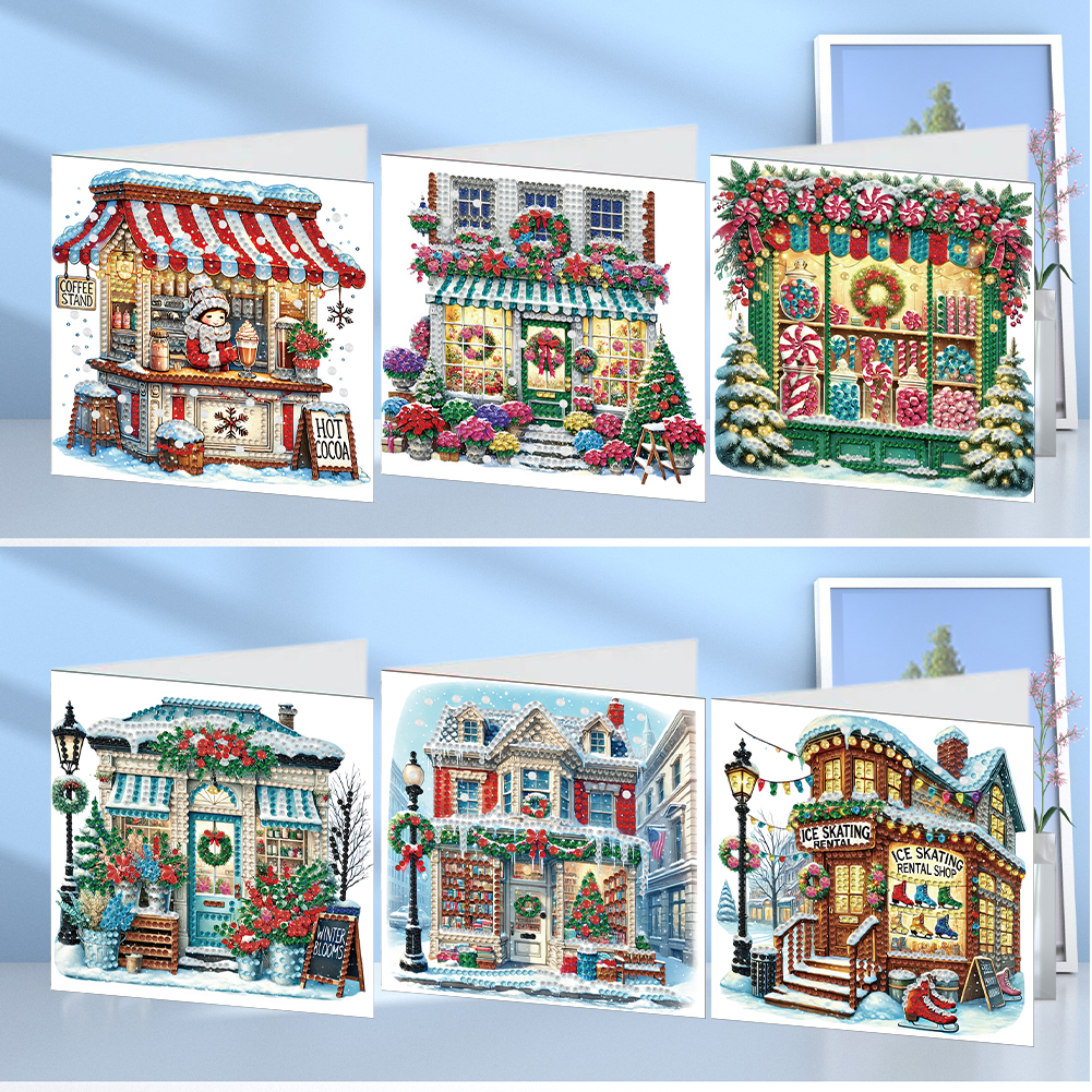 6Pcs DIY Diamond Painting Greeting Card - Xmas Cottage