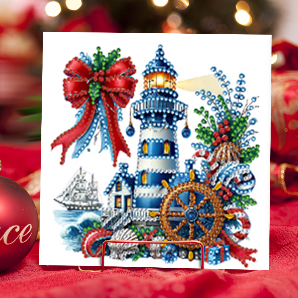 6Pcs DIY Diamond Painting Greeting Card - Xmas Lighthouse & Gift