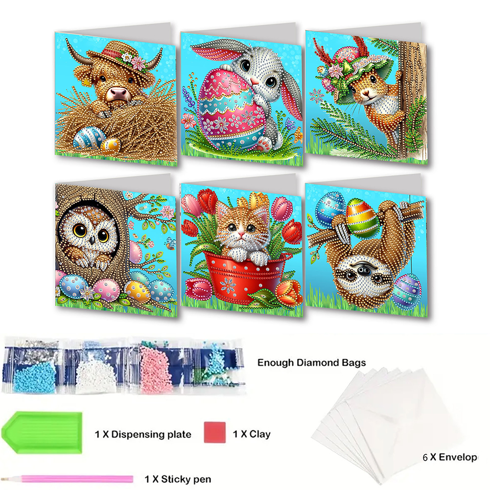 6pcs DIY Diamond Painting Greeting Card - Easter Animals