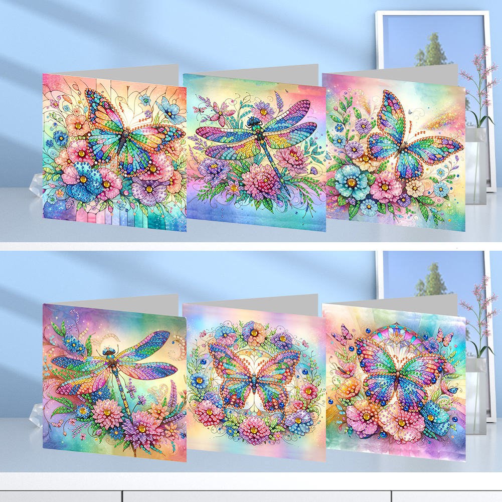 6Pcs DIY Diamond Painting Greeting Card - Butterfly Dragonfly Flower