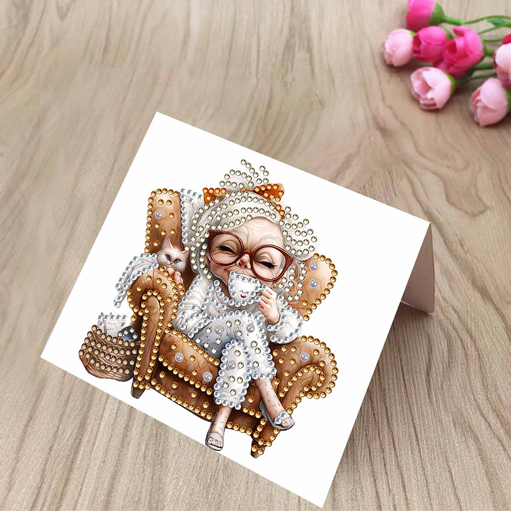 10Pcs DIY Diamond Painting Greeting Card - Old Lady