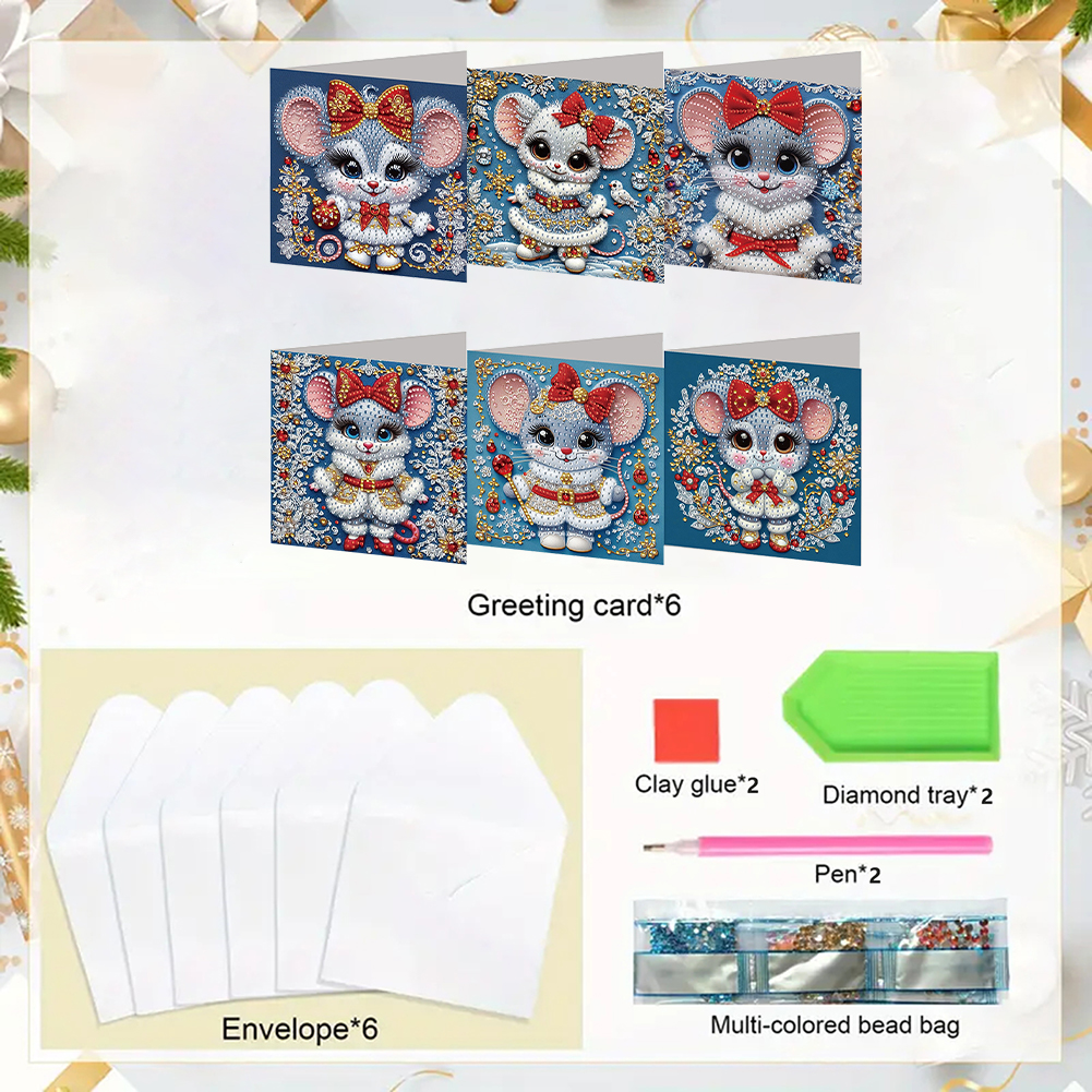 6Pcs DIY Diamond Painting Greeting Card - Xmas Mouse