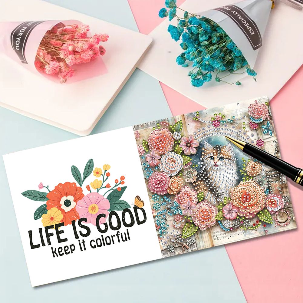 6Pcs DIY Diamond Painting Greeting Card - Cat Garden