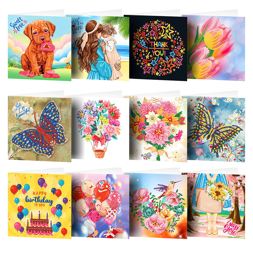 12pcs DIY Diamond Painting Birthday Greeting Cards Mosaic Birthday Postcard