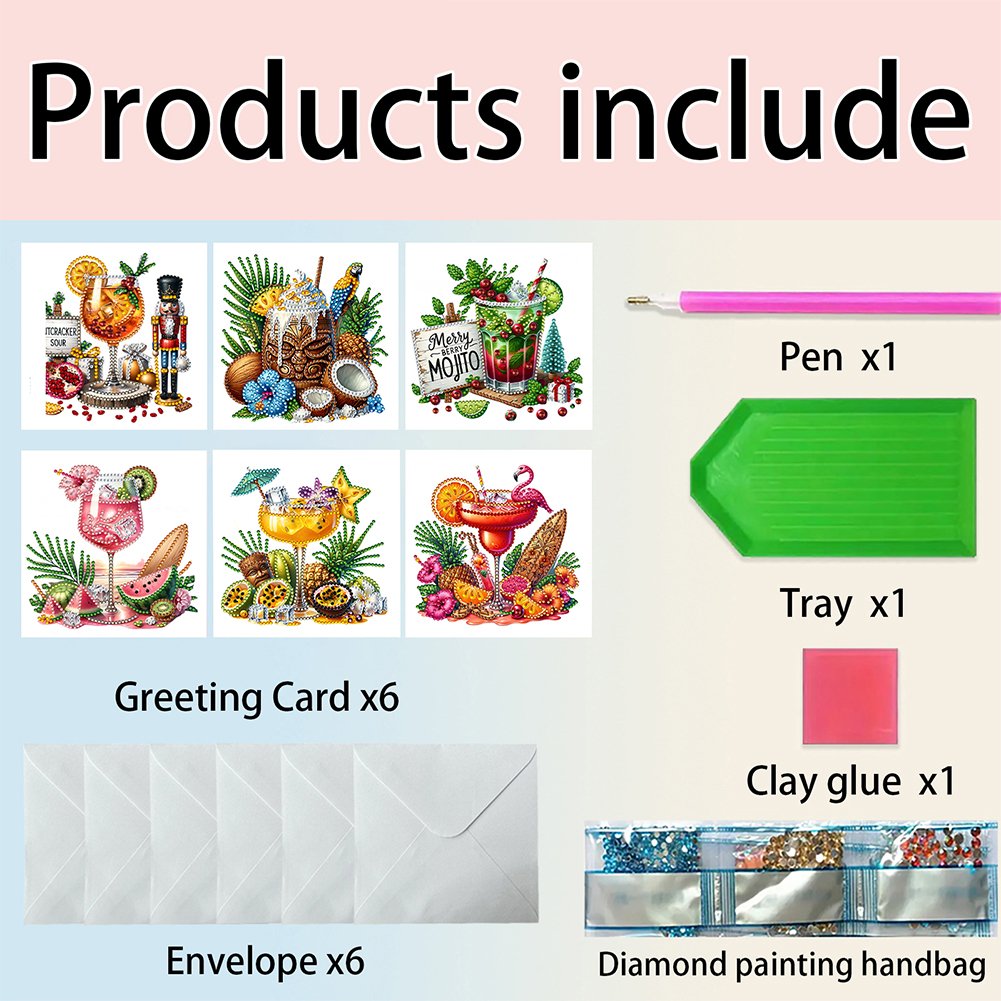 6Pcs DIY Diamond Painting Greeting Card - Drinks & Gifts