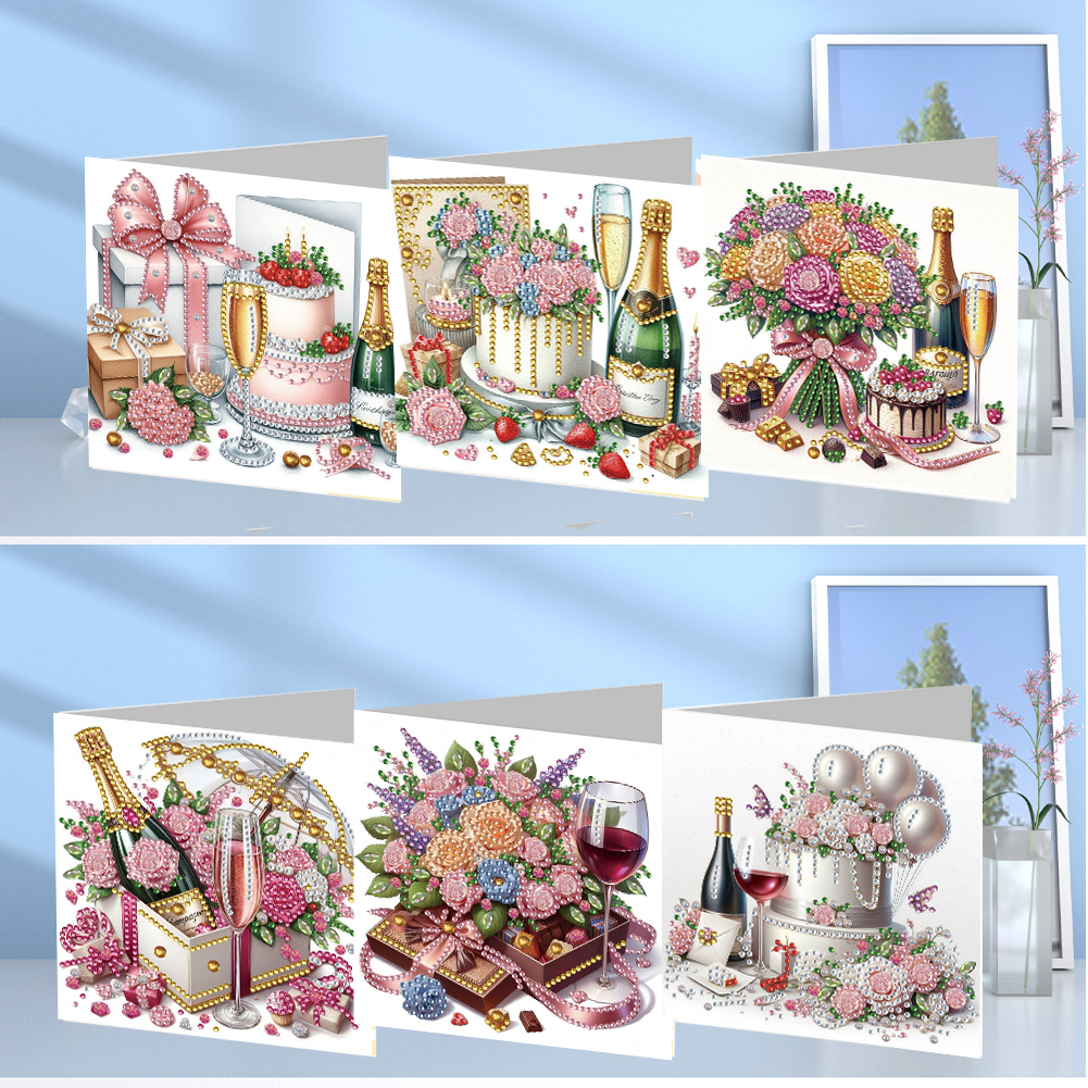6Pcs DIY Diamond Painting Greeting Card - Flowers Cake