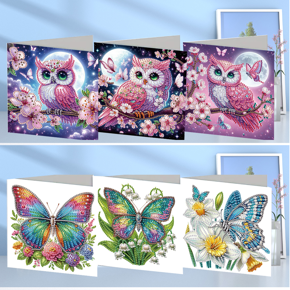 6Pcs DIY Diamond Painting Greeting Card - Owl Butterfly