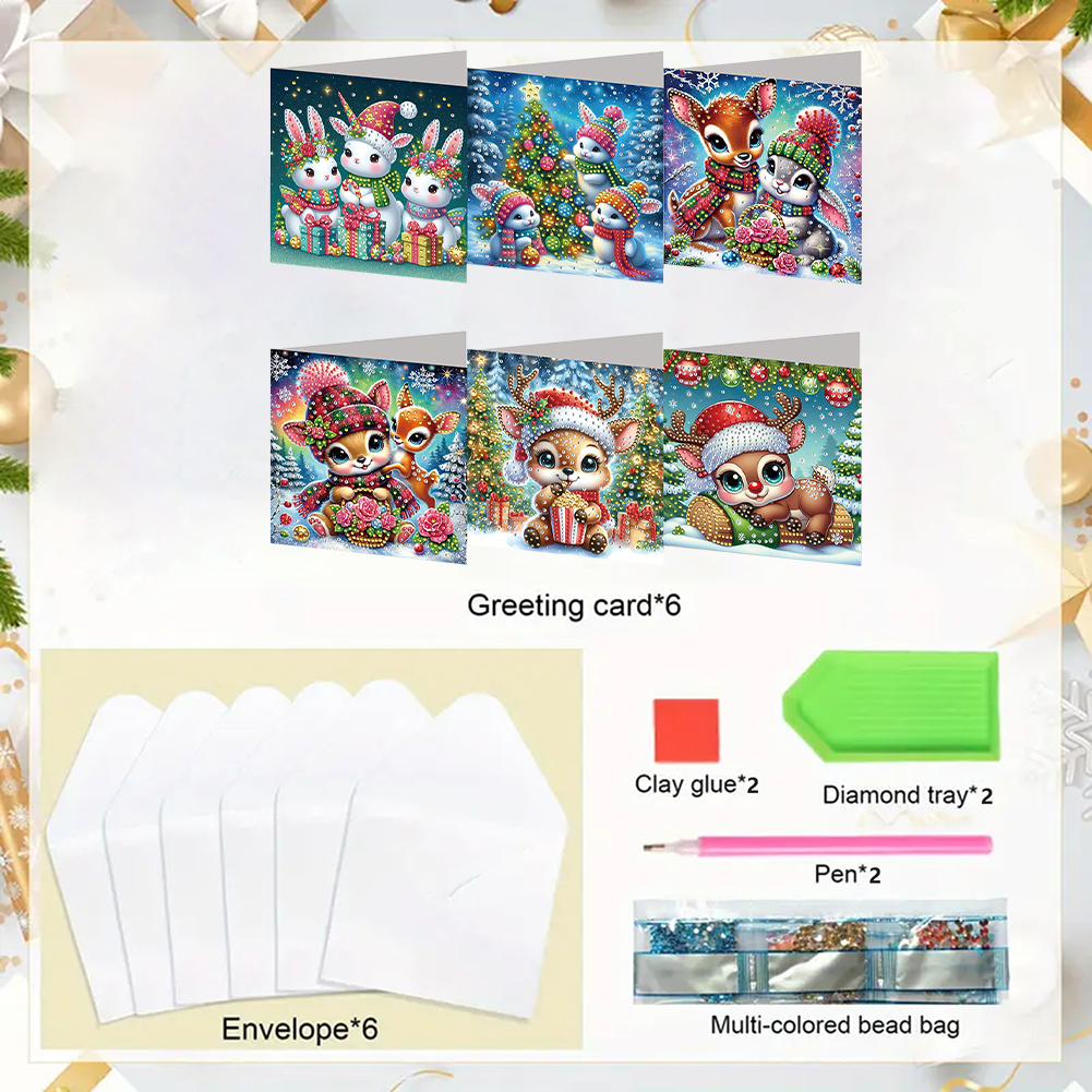 6Pcs DIY Diamond Painting Greeting Card - Xmas Animals
