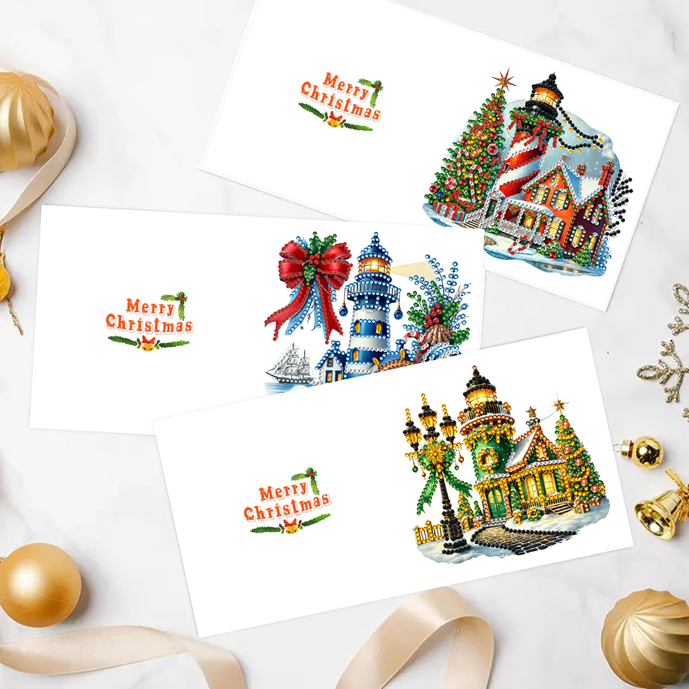 6Pcs DIY Diamond Painting Greeting Card - Xmas Lighthouse & Gift