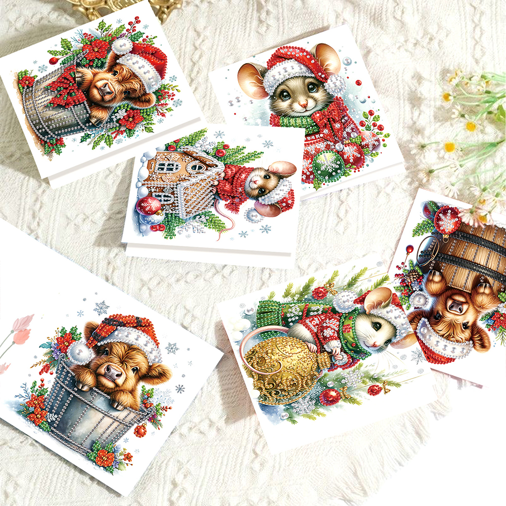 6Pcs DIY Diamond Painting Greeting Card - Xmas Mouse Yak