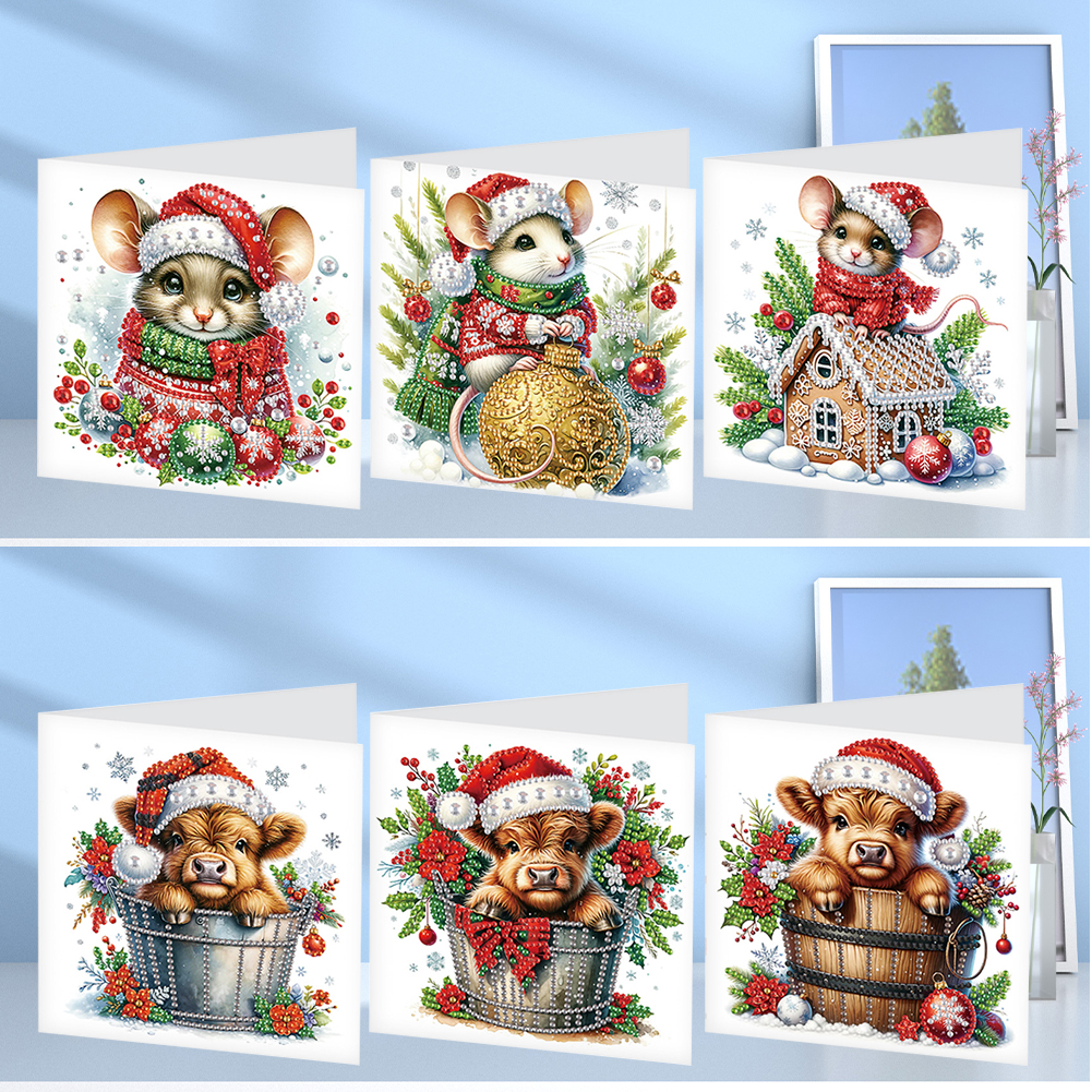 6Pcs DIY Diamond Painting Greeting Card - Xmas Mouse Yak