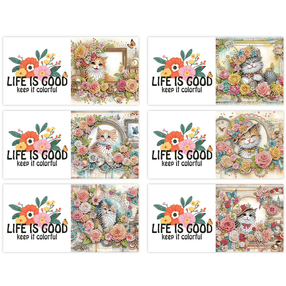 6Pcs DIY Diamond Painting Greeting Card - Cat Garden