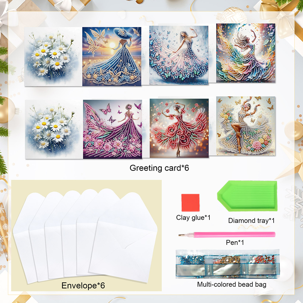 6Pcs DIY Diamond Painting Greeting Card - Dress Girl