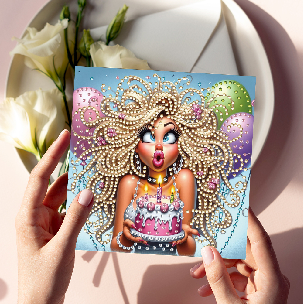 6Pcs DIY Diamond Painting Greeting Card - Birthday Beauty
