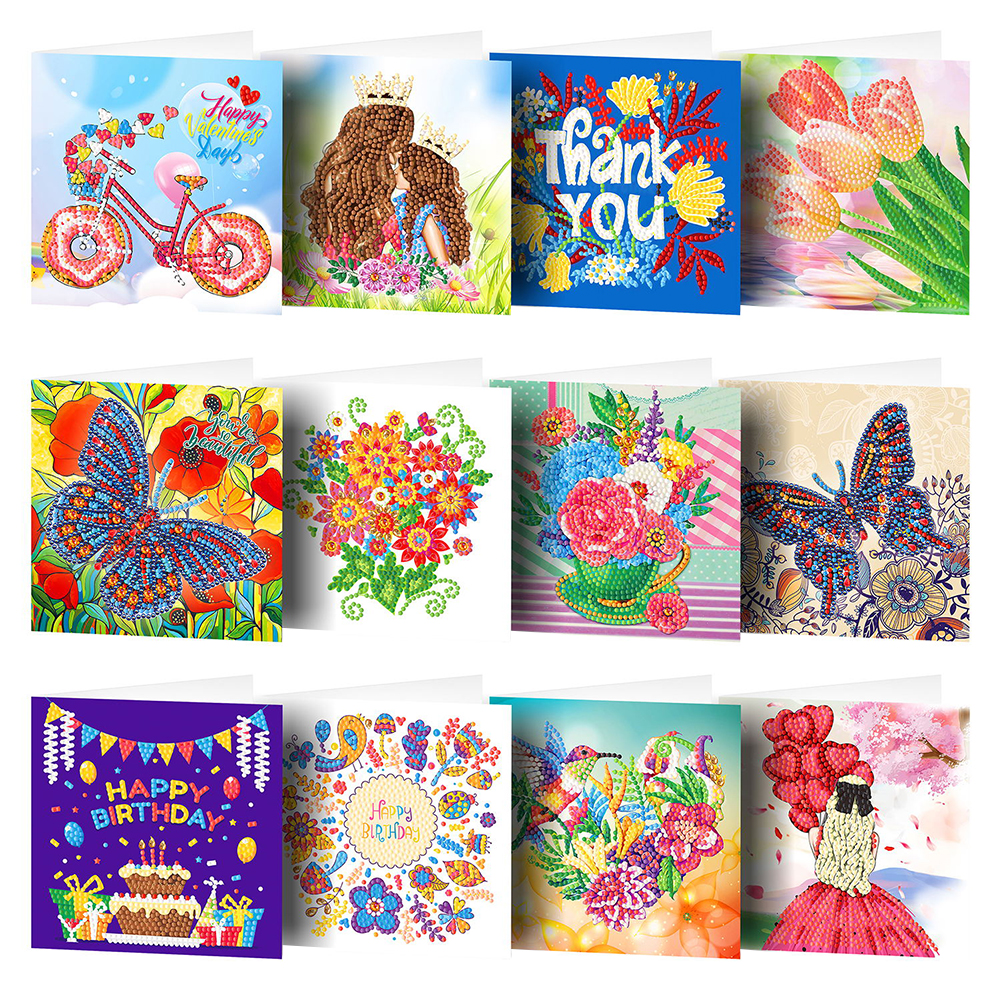 12pcs DIY Diamond Painting Birthday Greeting Cards Mosaic Birthday Postcard