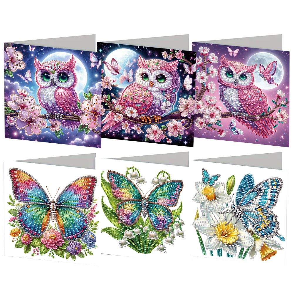 6Pcs DIY Diamond Painting Greeting Card - Owl Butterfly