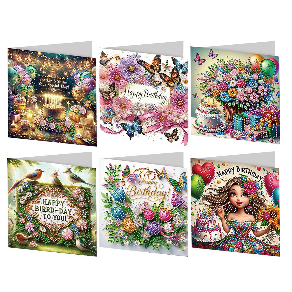 6Pcs DIY Diamond Painting Birthday Greeting Card - Happy Birthday