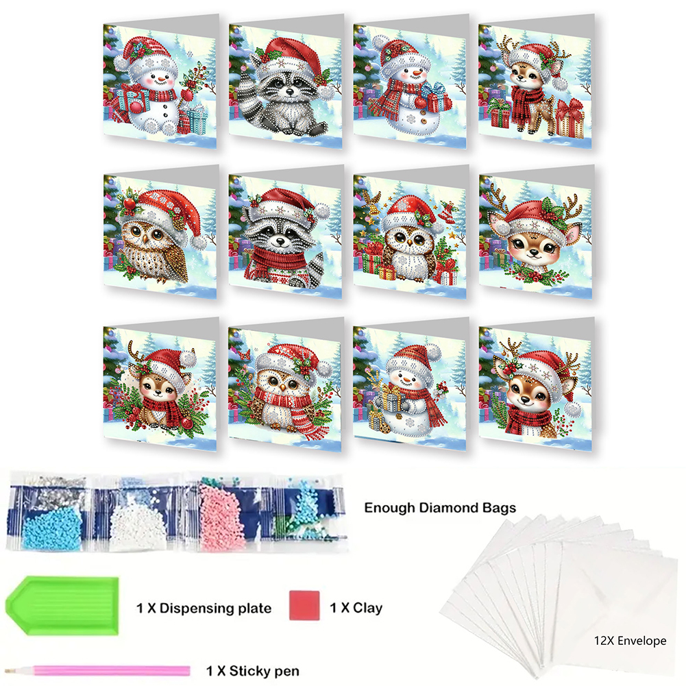 12Pcs DIY Diamond Painting Greeting Card - Winter Christmas