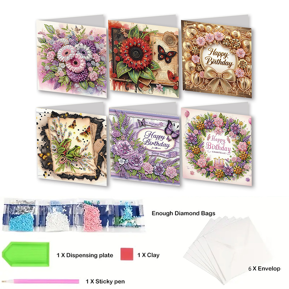 6Pcs DIY Diamond Painting Birthday Greeting Card - Happy Birthday