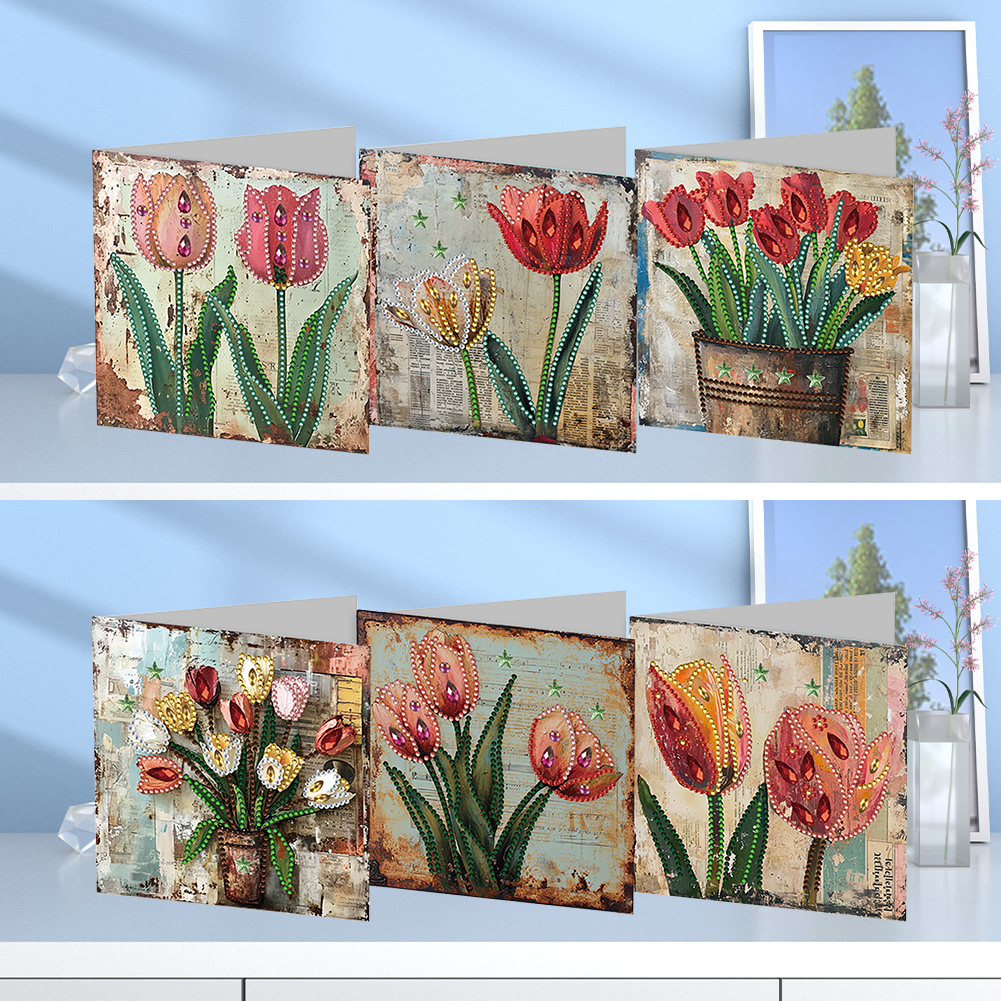 6pcs DIY Diamond Painting Greeting Card - Retro Tulip