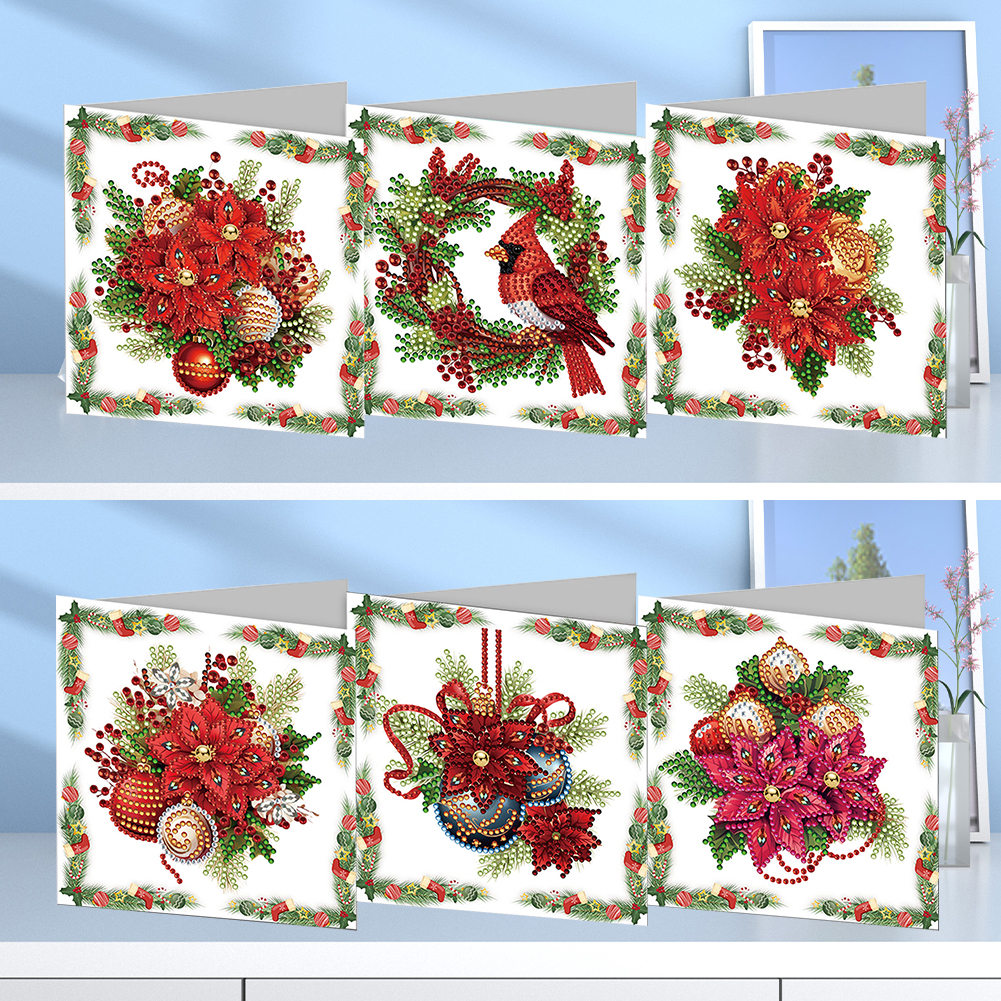 6pcs DIY Diamond Painting Greeting Card - Christmas Red Flower