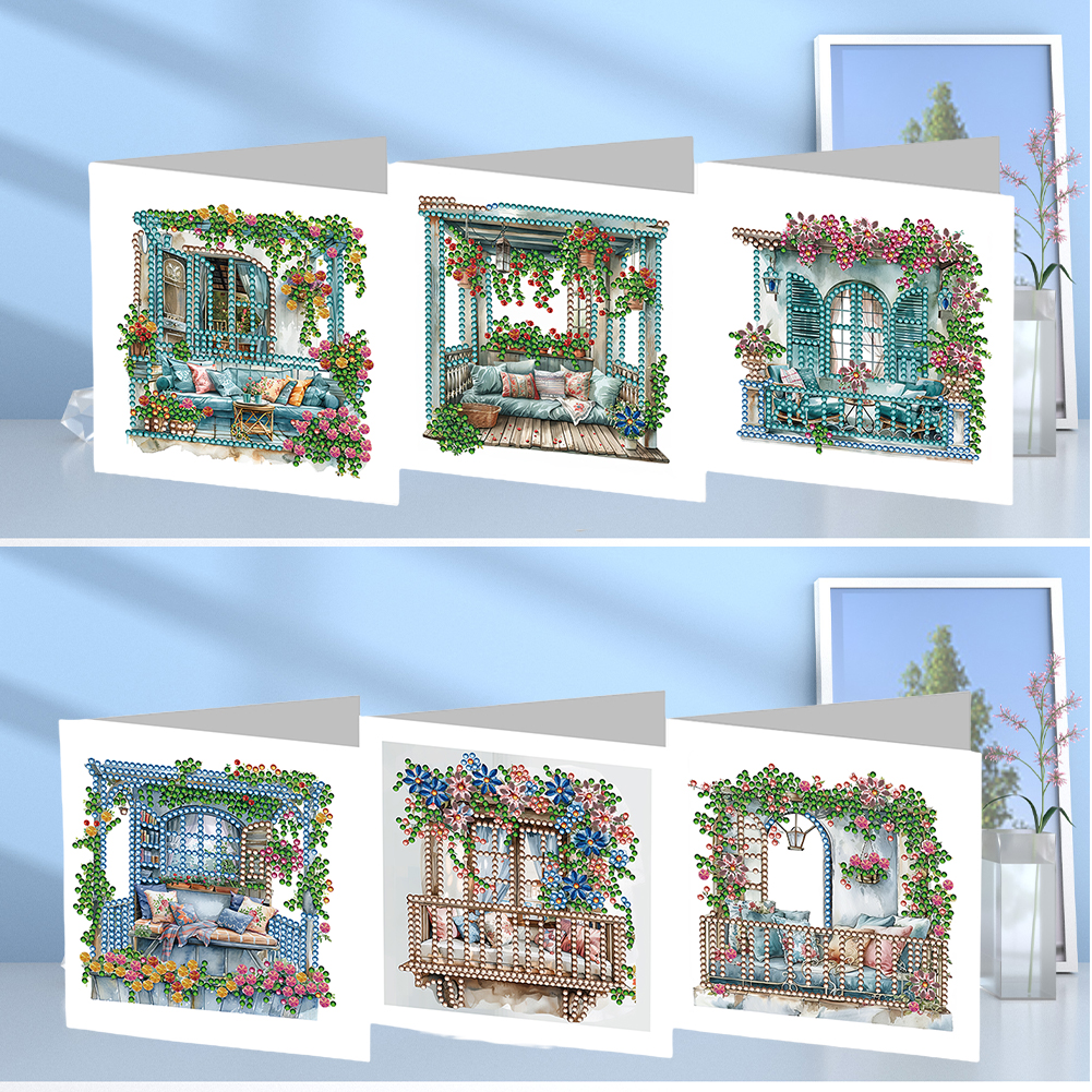6pcs DIY Diamond Painting Greeting Card - Flower Pavilion