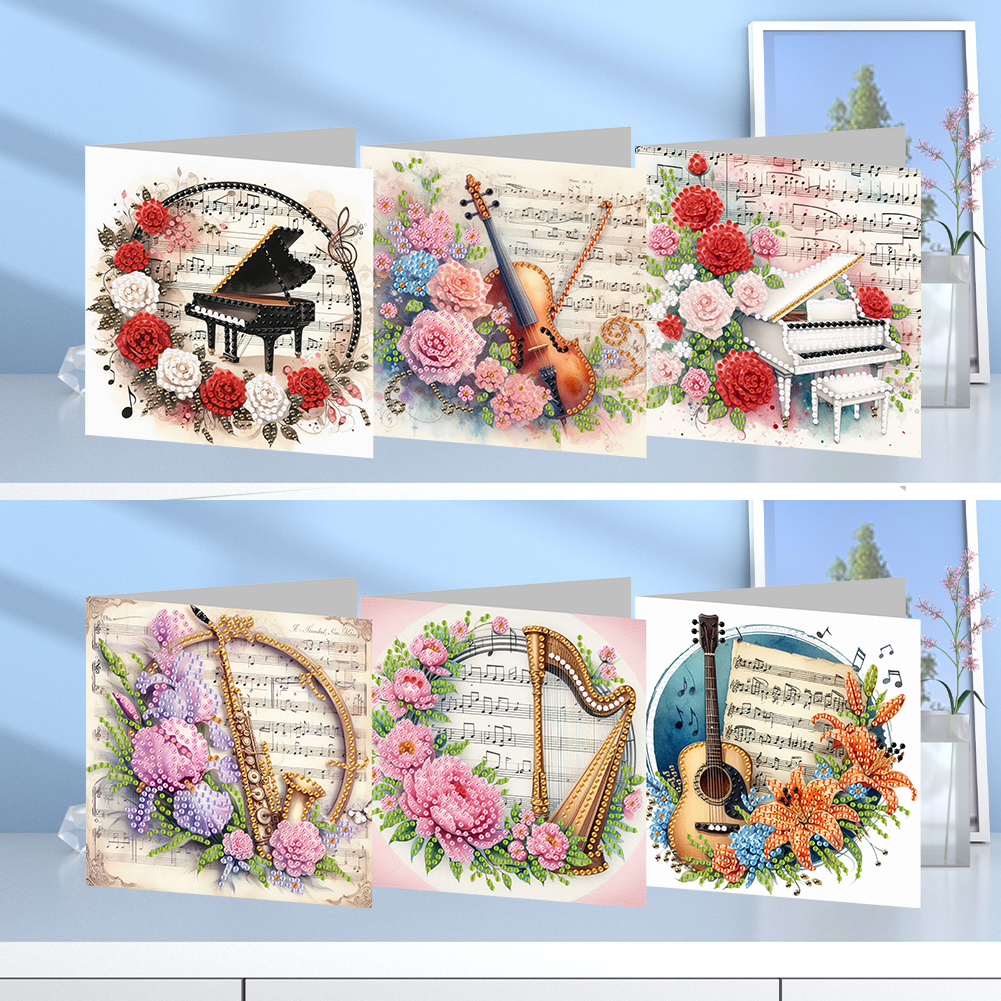 6Pcs DIY Diamond Painting Greeting Card - Musical Instrument And Flowers