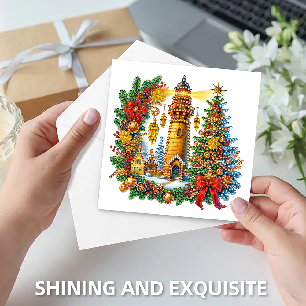 6Pcs DIY Diamond Painting Greeting Card - Xmas Lighthouse & Gift