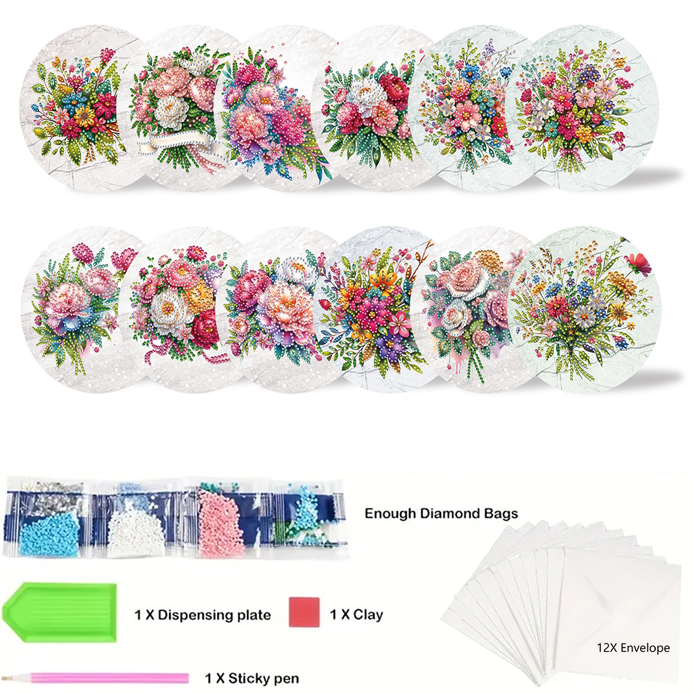 12Pcs DIY Diamond Painting Single-sided Greeting Card - Bouquet