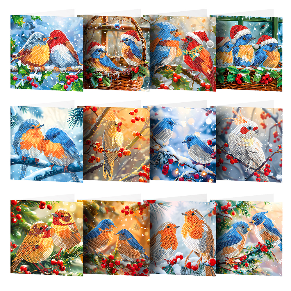 12Pcs DIY Diamond Painting Greeting Card -  Christmas Bird