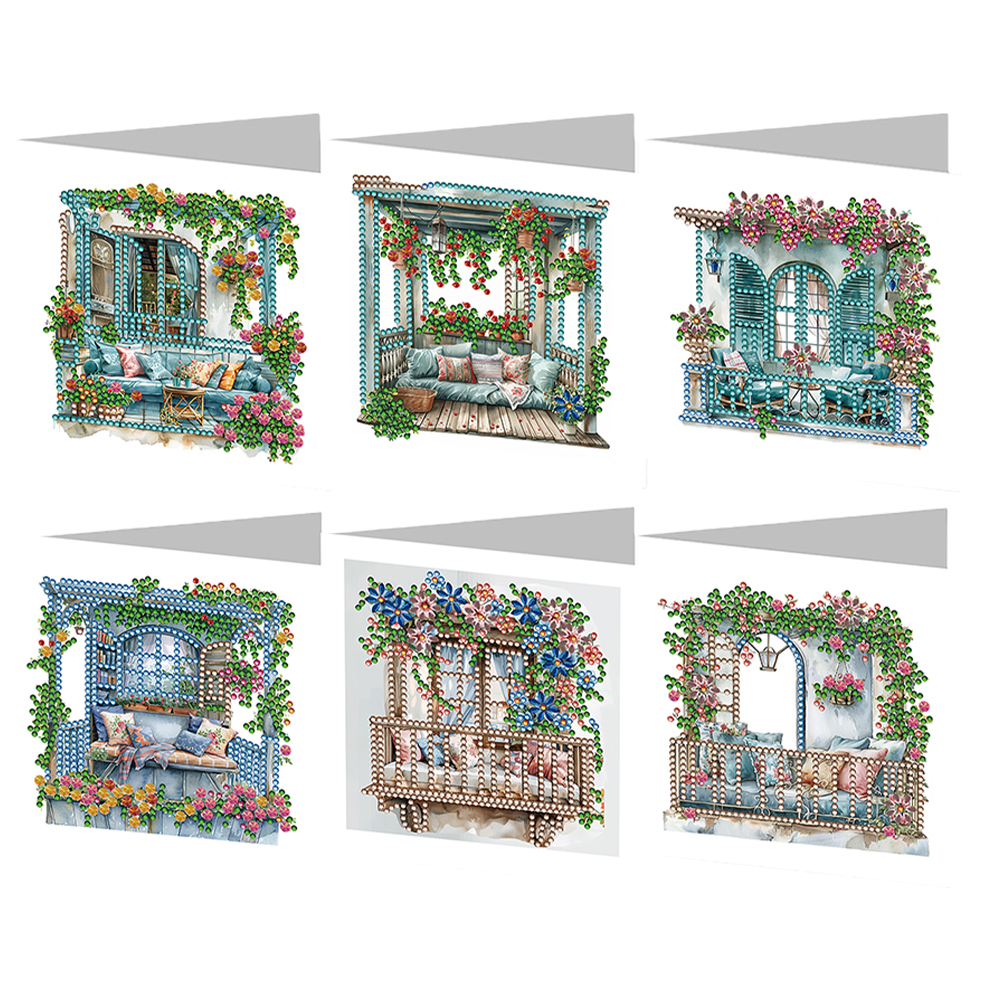 6pcs DIY Diamond Painting Greeting Card - Flower Pavilion