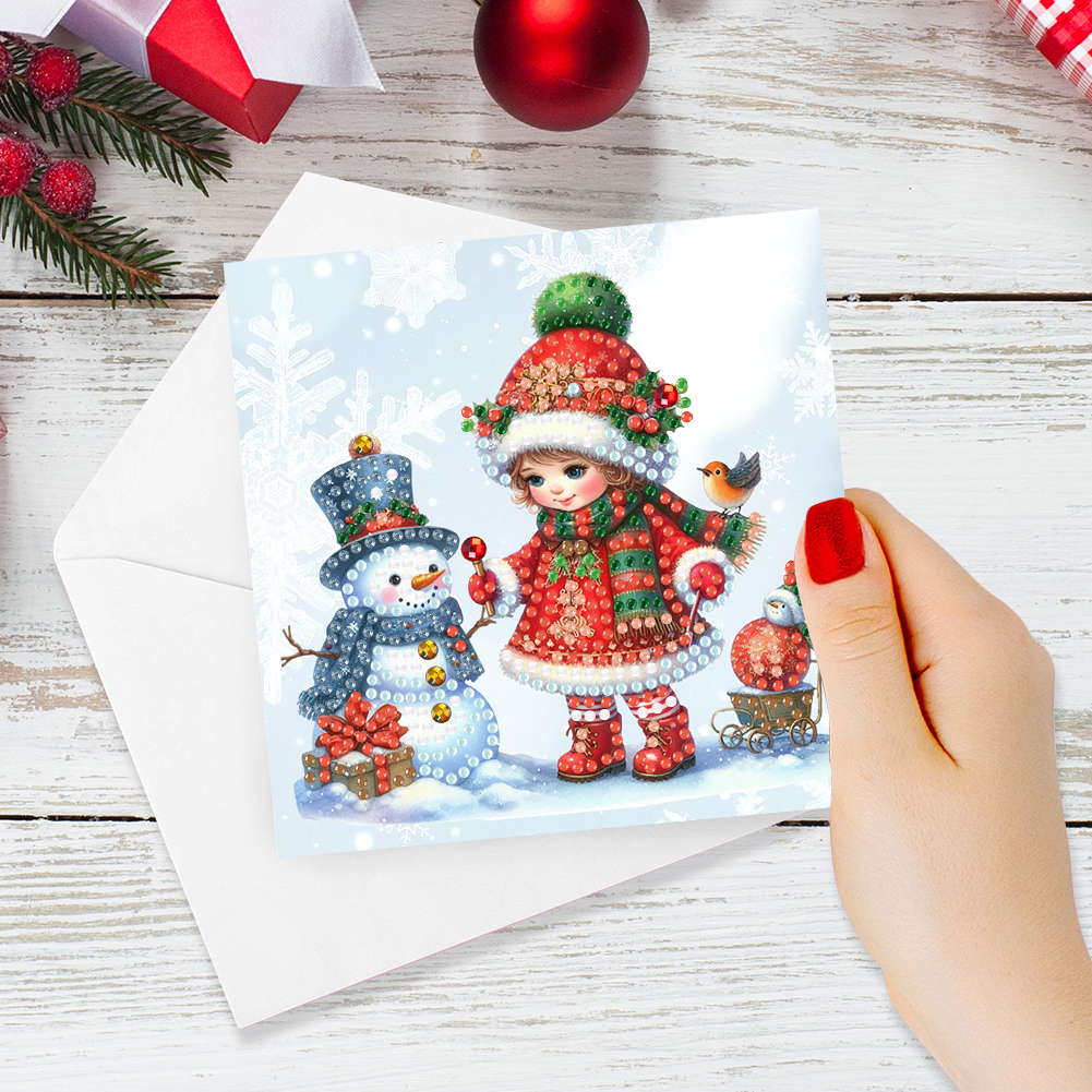 6Pcs DIY Diamond Painting Greeting Card - Snowman and Girl