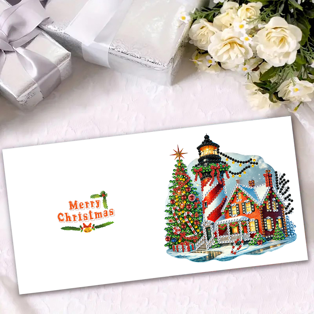 6Pcs DIY Diamond Painting Greeting Card - Xmas Lighthouse & Gift