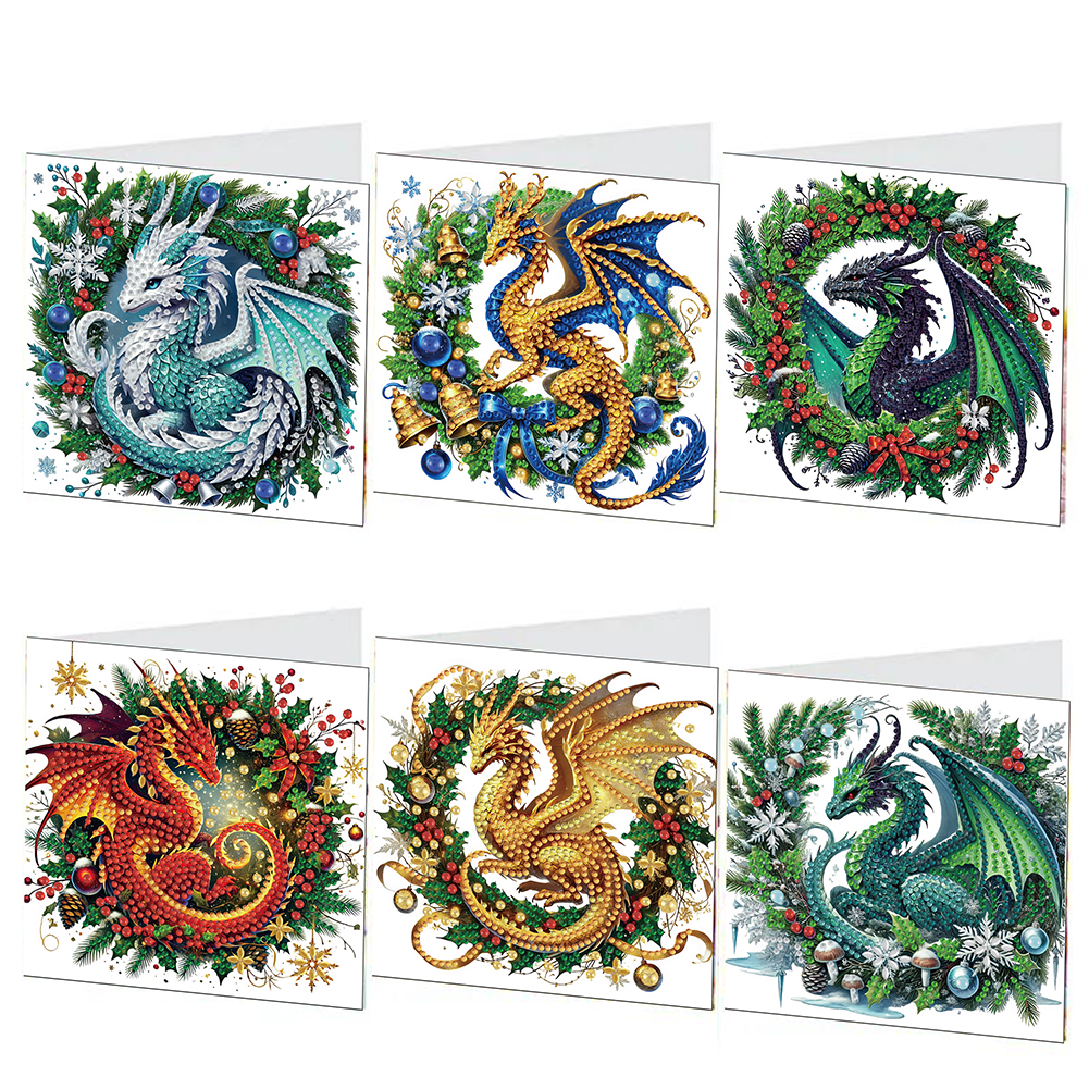 6Pcs DIY Diamond Painting Greeting Card - Xmas Dragon