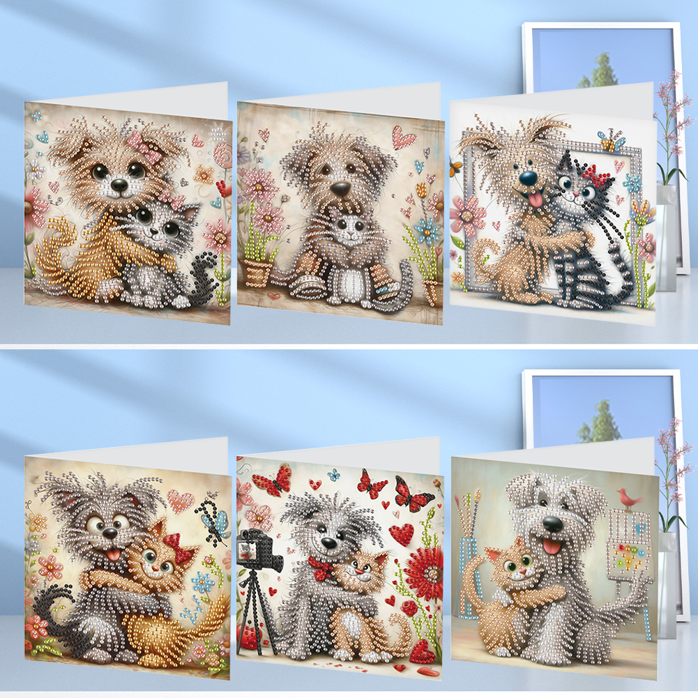 6Pcs DIY Diamond Painting Greeting Card - Cute Cat Dog