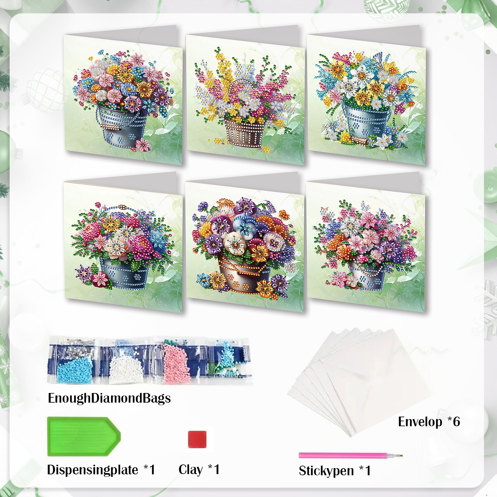 6Pcs DIY Diamond Painting Greeting Card - Flower Bucket