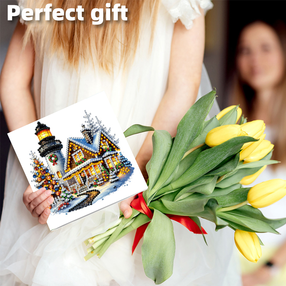6Pcs DIY Diamond Painting Greeting Card - Xmas Lighthouse & Gift