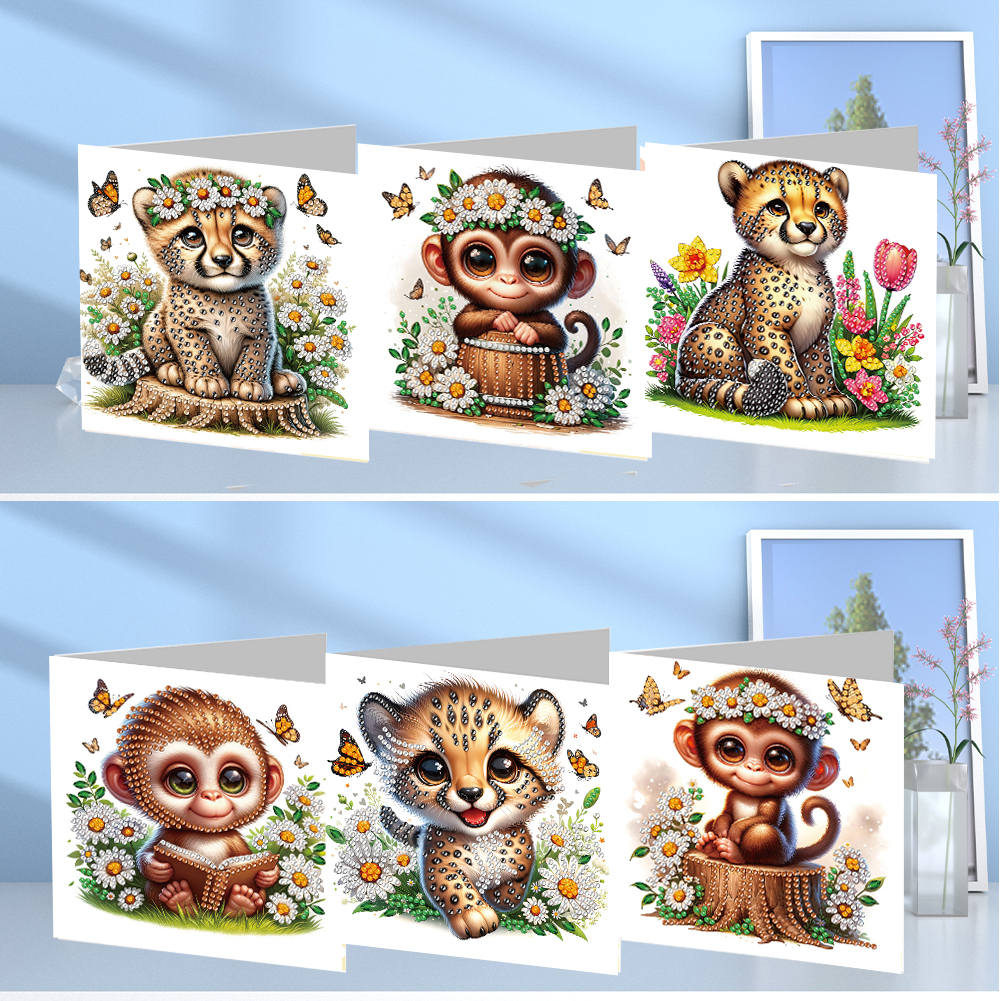 6Pcs DIY Diamond Painting Greeting Card - Tiger Monkey