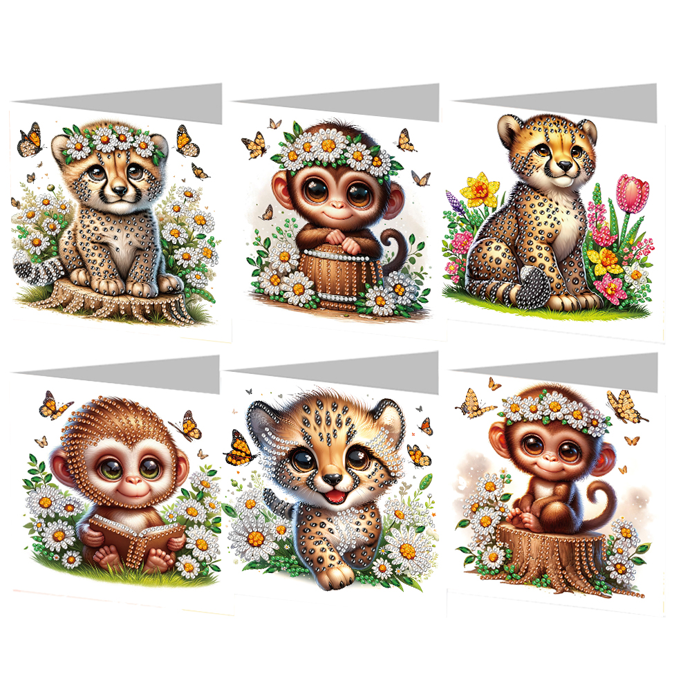 6Pcs DIY Diamond Painting Greeting Card - Tiger Monkey