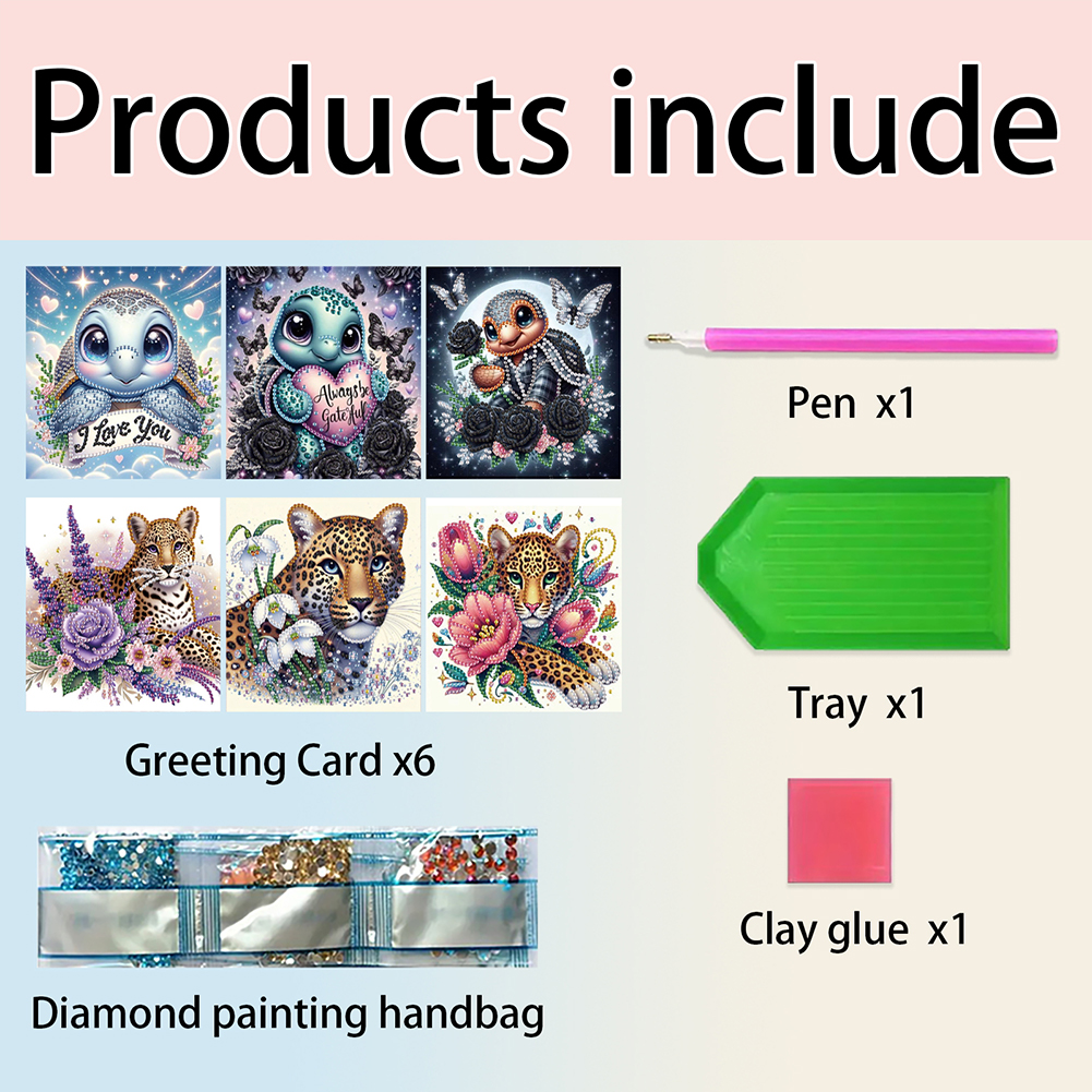 6Pcs DIY Diamond Painting Greeting Card - Tortoise Leopard